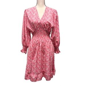 Floral Print 3/4 Sleeve V Neck Dress Shirred  Waist Size Large TEMU Never Worn